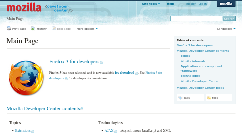 Screenshot of MDN homepage from September 2008