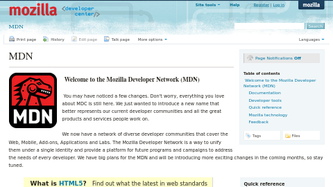 Screenshot of MDN homepage from May 2010