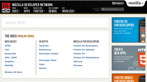Screenshot of MDN homepage from May 2013